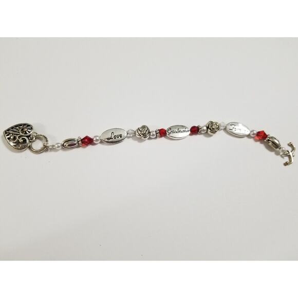 Grandmother seven inch bracelet red bead and silvertone b8* - Picture 7 of 14